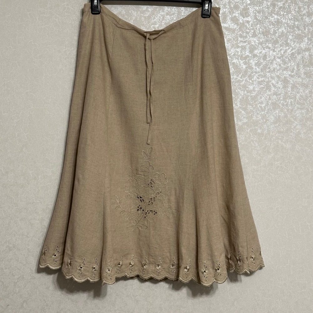 Edward Floral Embroidered Eyelet Linen Blend A-Line Skirt Tan Cottagecore Sz 12